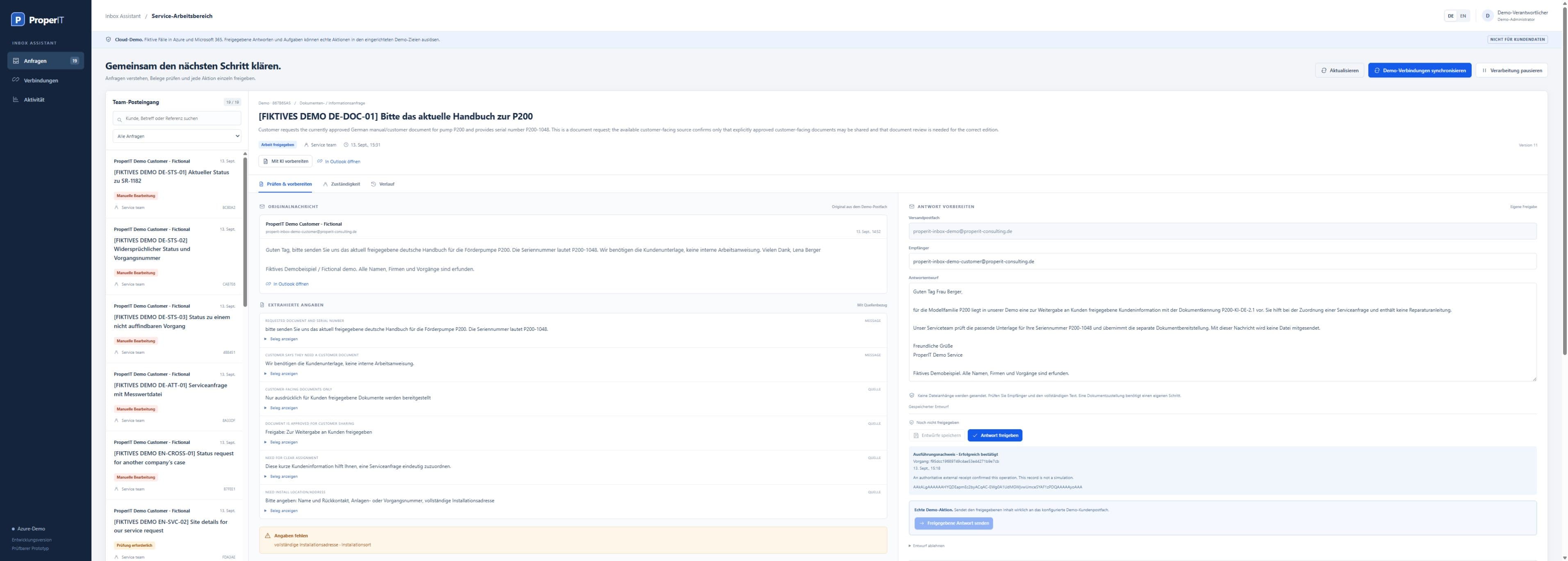 Demoansicht von ProperIT Inbox Assistant mit fiktiven Beispieldaten