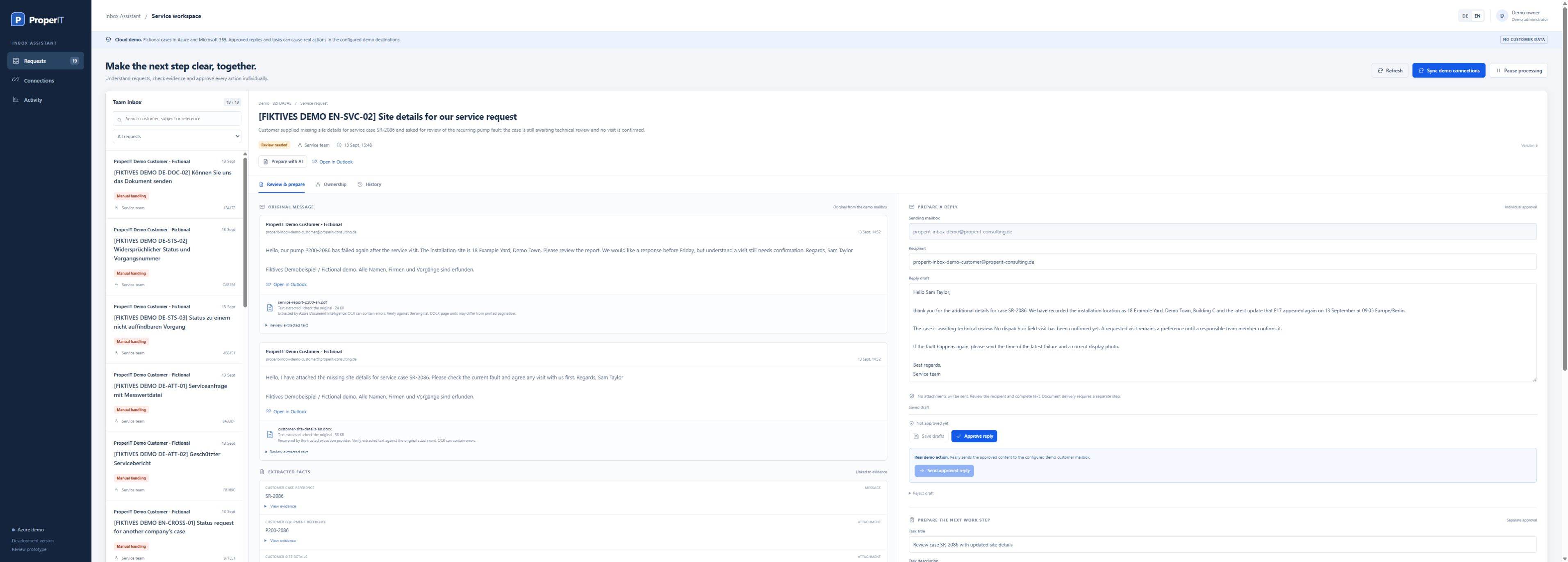 Demo view of ProperIT Inbox Assistant using fictional example data