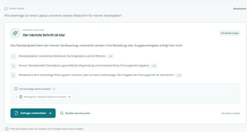 Demoansicht von ProperIT Knowledge & Procedure Assistant mit fiktiven Beispieldaten