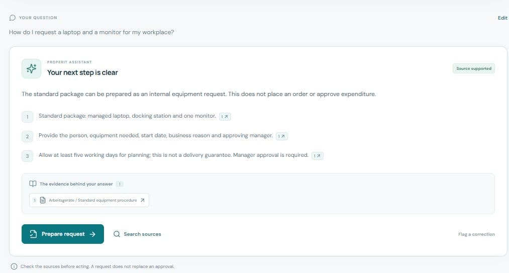 Demo view of ProperIT Knowledge & Procedure Assistant using fictional example data