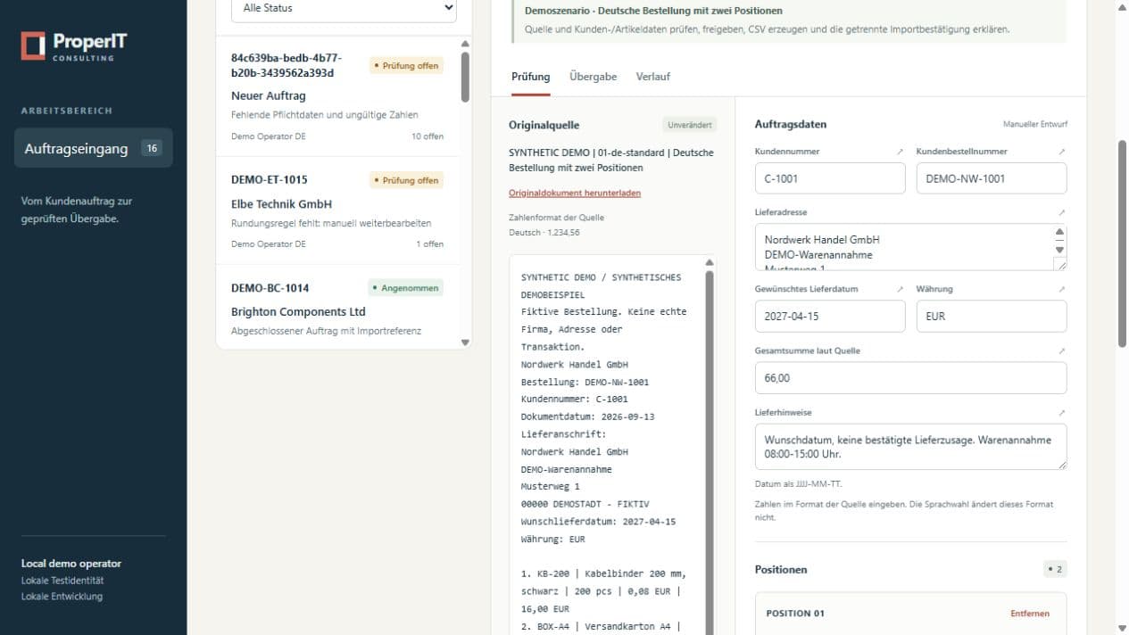 Demoansicht von ProperIT Order Intake mit fiktiven Beispieldaten