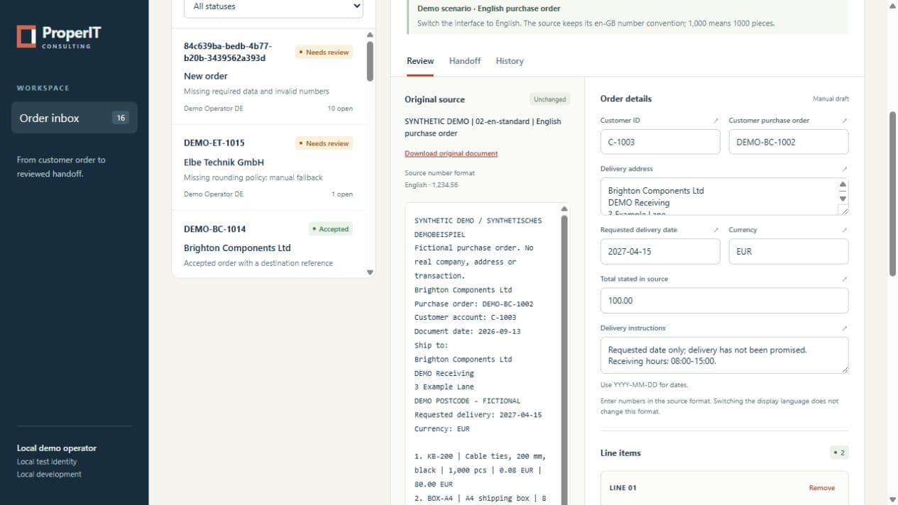 Demo view of ProperIT Order Intake using fictional example data